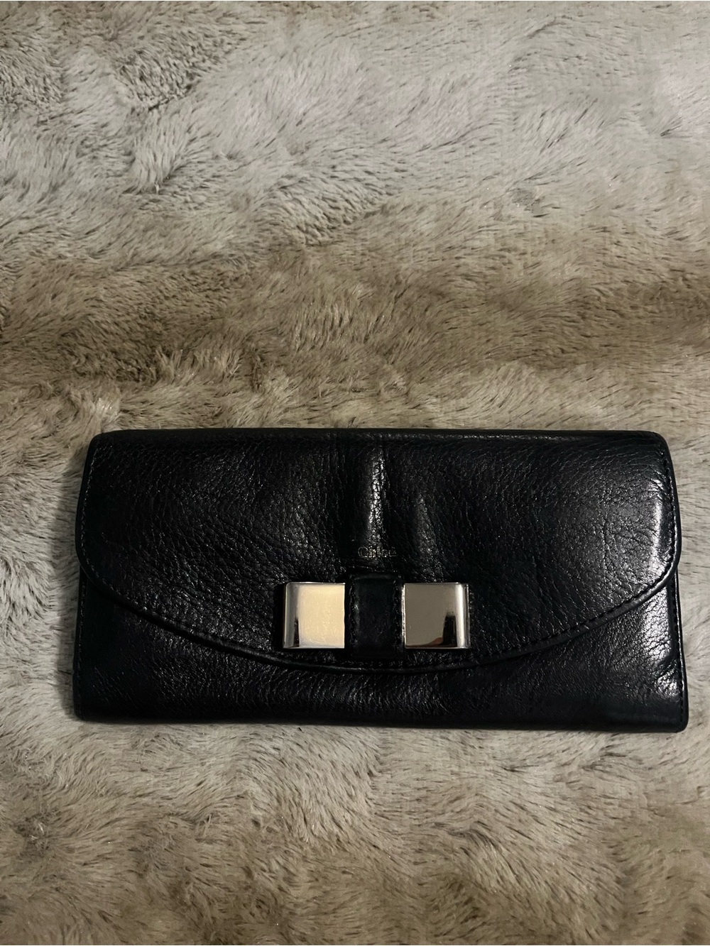 Chloe Black Leather Wallet with Silver Bow Accent